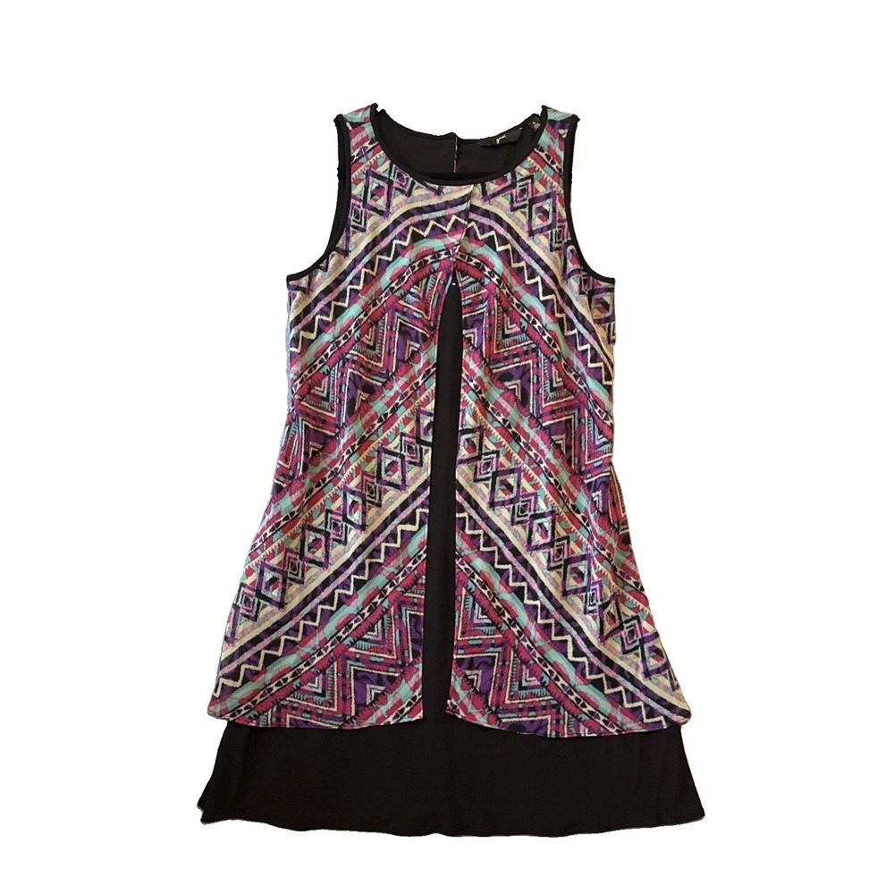 GNW Geometric Aztec Print Layered Shift Dress 10 Sleeveless Chiffon Overlay Boho
